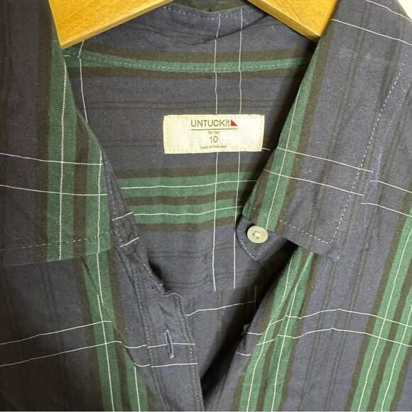 Untuckit Devon Navy Blue Plaid Print Button Down Waist Tie Shirt Dress Size 10 - Picture 3 of 7